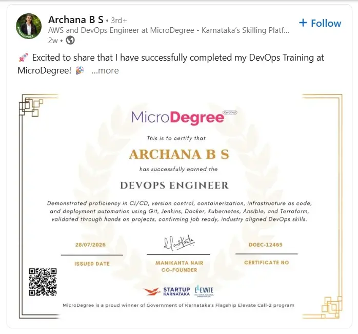 Archana B S's DevOps Engineer certificate, shared on LinkedIn
