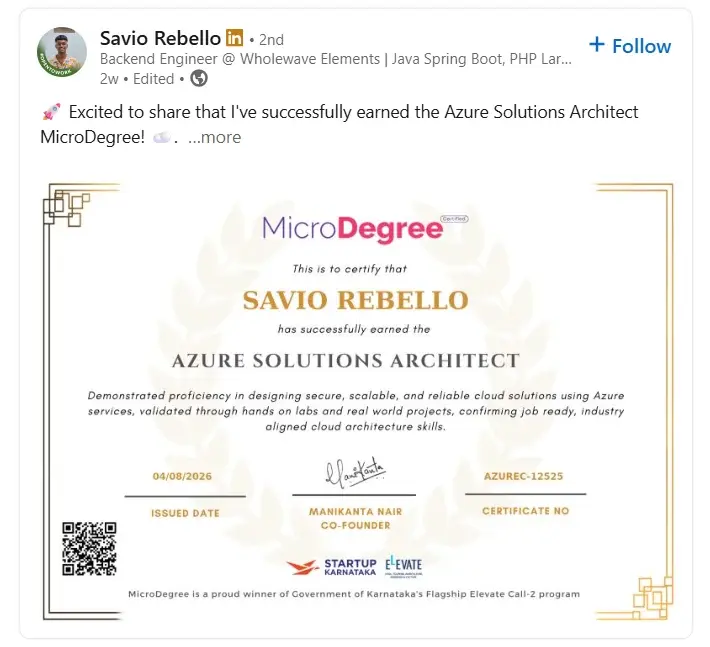 Savio Rebello's Azure Solutions Architect certificate, shared on LinkedIn