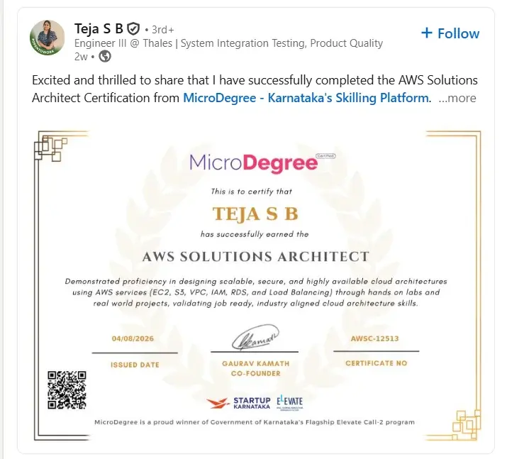 Teja S B's AWS Solutions Architect certificate, shared on LinkedIn