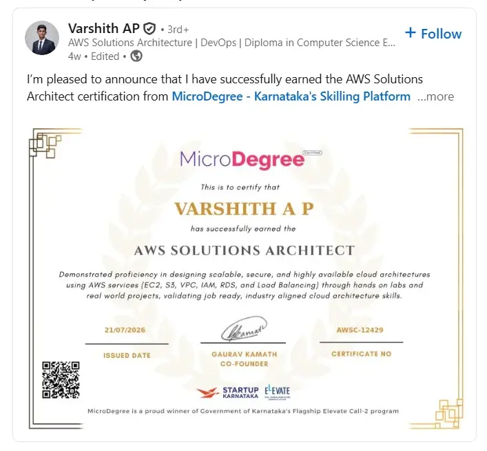 Varshith A P's AWS Solutions Architect certificate, shared on LinkedIn