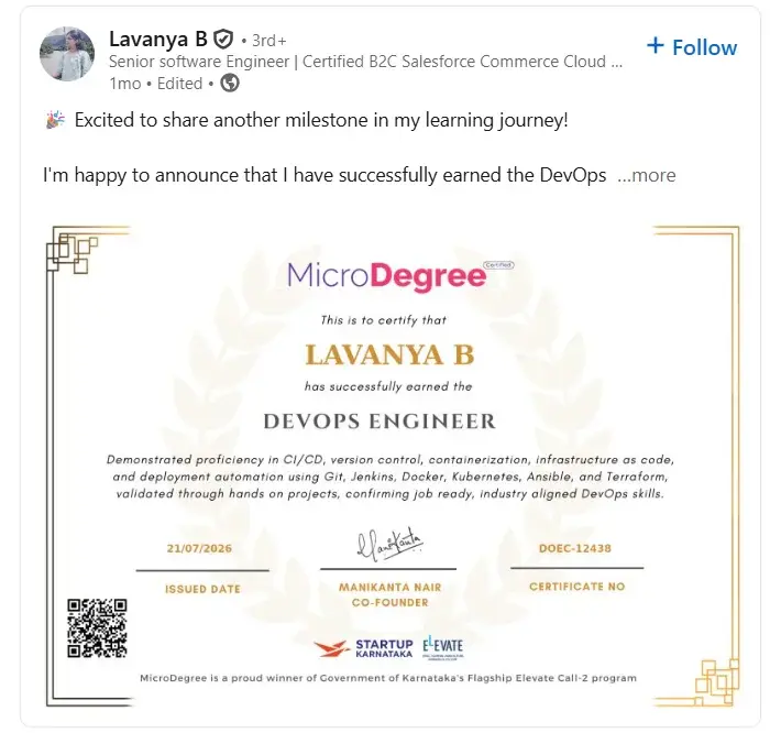 Lavanya B's DevOps Engineer certificate, shared on LinkedIn