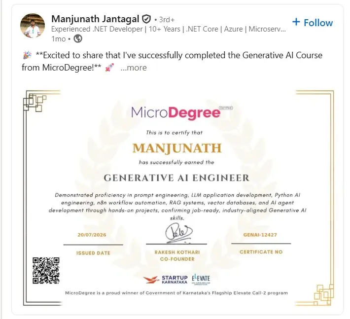 Manjunath Jantagal's Generative AI Engineer certificate, shared on LinkedIn